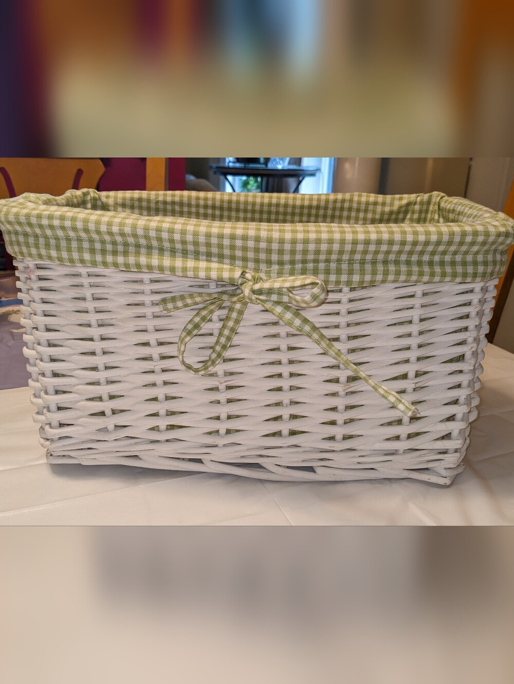 White Wicker Rectangle Storage Basket Gingham Cotton Farmhouse Cottagecore